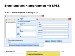 Seite 37
Fachbereich Wirtschaftswissenschaften
Erstellung von Histogrammen mit SPSS
18.09.2015 - 20.09.2015
Christian Reinboth, Dipl.-Wi.Inf.(FH)
Grafik > Alte Dialogfelder > Histogramm
 