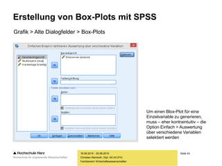 Seite 43
Fachbereich Wirtschaftswissenschaften
Erstellung von Box-Plots mit SPSS
18.09.2015 - 20.09.2015
Christian Reinboth, Dipl.-Wi.Inf.(FH)
Grafik > Alte Dialogfelder > Box-Plots
Um einen Blox-Plot für eine
Einzelvariable zu generieren,
muss – eher kontraintuitiv – die
Option Einfach > Auswertung
über verschiedene Variablen
selektiert werden
 