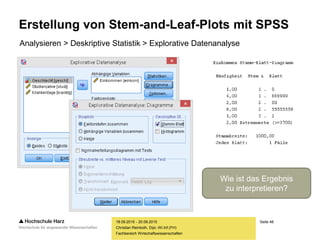 Seite 48
Fachbereich Wirtschaftswissenschaften
Erstellung von Stem-and-Leaf-Plots mit SPSS
18.09.2015 - 20.09.2015
Christian Reinboth, Dipl.-Wi.Inf.(FH)
Analysieren > Deskriptive Statistik > Explorative Datenanalyse
Wie ist das Ergebnis
zu interpretieren?
 