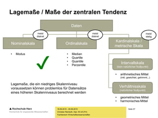 Seite 57
Fachbereich Wirtschaftswissenschaften
Lagemaße / Maße der zentralen Tendenz
18.09.2015 - 20.09.2015
Christian Reinboth, Dipl.-Wi.Inf.(FH)
Daten
Nominalskala Ordinalskala
Kardinalskala /
metrische Skala
meist
stetig
meist
diskret
meist
diskret
Intervallskala
(kein natürlicher Nullpunkt)
Verhältnisskala
(natürlicher Nullpunkt)
• Modus • Median
• Quartile
• Quantile
• Perzentile
• geometrisches Mittel
• harmonisches Mittel
• arithmetisches Mittel
(inkl. gewichtet, getrimmt...)
Lagemaße, die ein niedriges Skalenniveau
voraussetzen können problemlos für Datensätze
eines höheren Skalenniveaus berechnet werden
✔
 