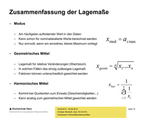 Seite 72
Fachbereich Wirtschaftswissenschaften
Zusammenfassung der Lagemaße
– Modus
– Am häufigsten auftretender Wert in den Daten
– Kann schon für nominalskalierte Werte berechnet werden
– Nur sinnvoll, wenn ein einzelnes, klares Maximum vorliegt
– Geometrisches Mittel
– Lagemaß für relative Veränderungen (Wachstum)
– In solchen Fällen das einzig zulässiges Lagemaß
– Faktoren können unterschiedlich gewichtet werden
– Harmonisches Mittel
– Kommt bei Quotienten zum Einsatz (Geschwindigkeiten...)
– Kann analog zum geometrischen Mittel gewichtet werden
18.09.2015 - 20.09.2015
Christian Reinboth, Dipl.-Wi.Inf.(FH)
xmod = axmax
xgeom = x1...xn
n
xhar =
1
1
xii=1
n
å
 