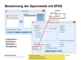 Seite 79
Fachbereich Wirtschaftswissenschaften
Berechnung der Spannweite mit SPSS
18.09.2015 - 20.09.2015
Christian Reinboth, Dipl.-Wi.Inf.(FH)
Analysieren >
Deskriptive
Statistiken >
Häufigkeiten
 