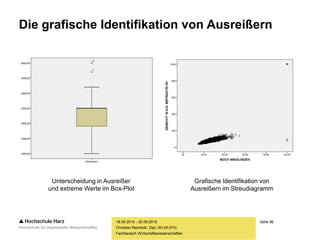 Seite 96
Fachbereich Wirtschaftswissenschaften
Die grafische Identifikation von Ausreißern
18.09.2015 - 20.09.2015
Christian Reinboth, Dipl.-Wi.Inf.(FH)
Unterscheidung in Ausreißer
und extreme Werte im Box-Plot
Grafische Identifikation von
Ausreißern im Streudiagramm
 