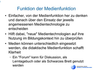 3



              Funktion der Medienfunktion
    ●   Einfacher, von der Medienfunktion her zu denken
        und danach über den Einsatz der jeweils
        angemessenen Medientechnologie zu
        entscheiden
    ●   Hilft dabei, "neue" Medientechnologien auf ihre
        Nutzung im Bildungskontext hin zu überprüfen
    ●   Medien können unterschiedlich eingesetzt
        werden, die didaktische Medienfunktion schafft
        Klarheit
        ➢   Ein "Forum" kann für Diskussion, als
            Lerntagebuch oder als Schwarzes Brett genutzt
            werden
 