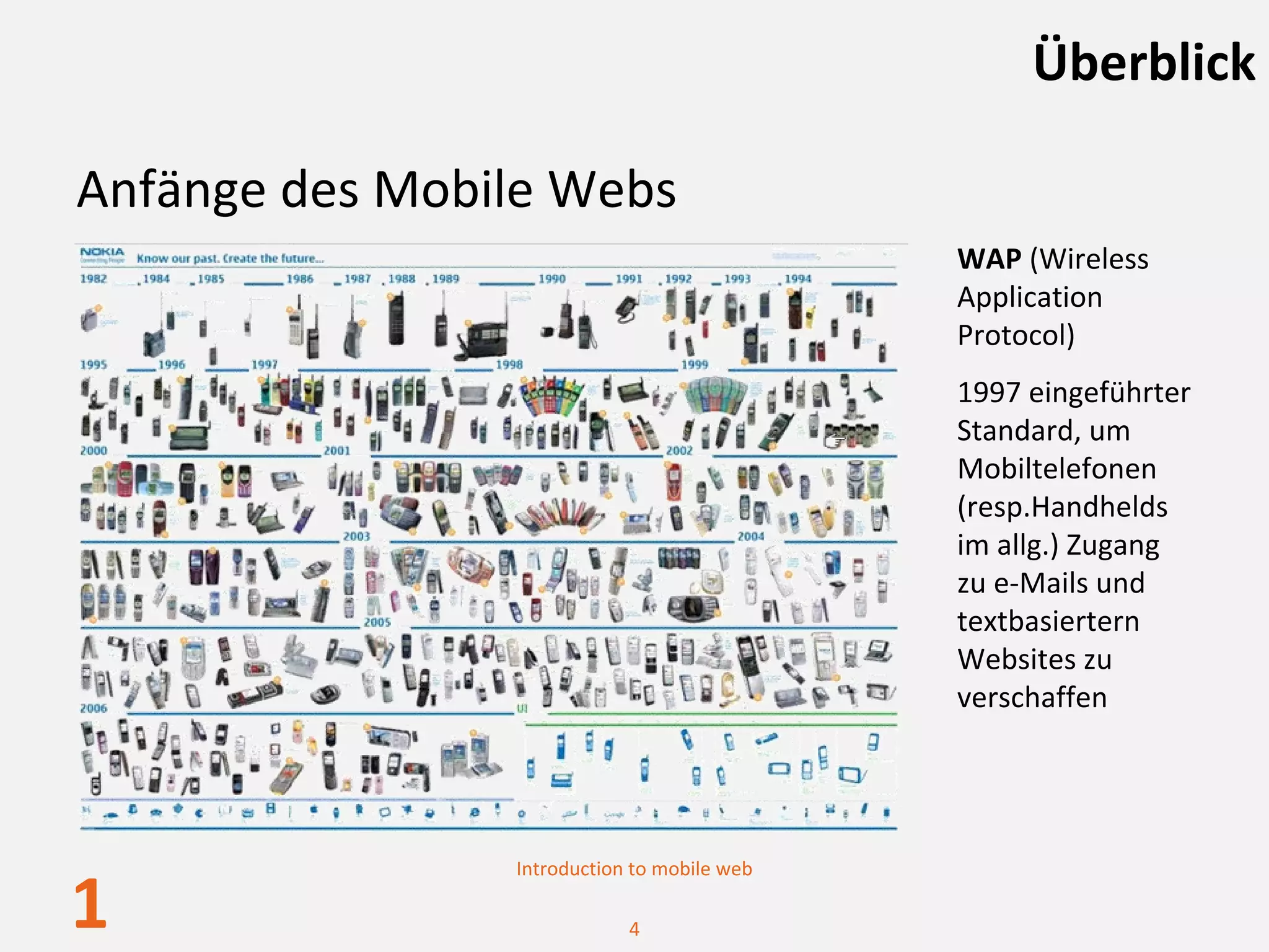 Überblick

Anfänge des Mobile Webs
                                             WAP (Wireless 
                                             Application 
                                             Protocol)
                                             1997 eingeführter
                                             Standard, um 
                                             Mobiltelefonen
                                             (resp.Handhelds
                                             im allg.) Zugang
                                             zu e‐Mails und 
                                             textbasiertern
                                             Websites zu
                                             verschaffen




                Introduction to mobile web

1                           4
 