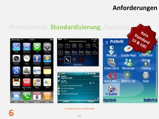 Anforderungen

Produktivität. Standardisierung. Stabilität.
                                                          K
                                                      Sta ein
                                                     UI  ndar
                                                        & U d 
                                                           X!




                   Introduction to mobile web

6                             56
 