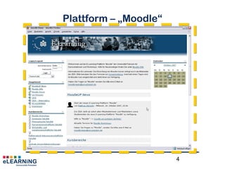 Nutzungsszenarien für digitale Medien
AG eLEARNiNG
ANREICHERUNG
Ergänzung der
Präsenz-Lehre
(Enrichment)
INTEGRATION
Online- und
Präsenzphasen
im Wechsel (Blended
Learning)
VIRTUALISIERUNG
sämtliche Prozesse
finden online statt
(virtuelle Lehre)
in Anlehnung an
Bachmann et al., 2002
Präsenzuniversität
4
 