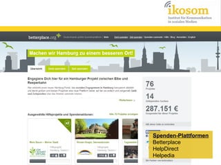 Spenden-Plattformen
Betterplace
HelpDirect
Helpedia

 