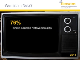 76%
sind in sozialen Netzwerken aktiv

2011

 