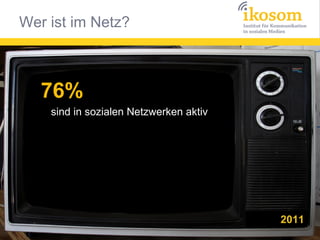 76%
sind in sozialen Netzwerken aktiv
Facebook
48%
VZ-Netzwerke
27%
Stayfriends
27%
Wer kennt wen
24%
XING
9%
Twitter
7%
2...