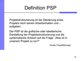 Definition PSP Projektstrukturierung ist die Gliederung eines Projekts nach seinen Arbeitsinhalten und –aufgaben. Der PSP ...