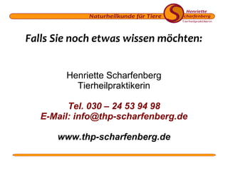Falls Sie noch etwas wissen möchten:
Henriette Scharfenberg
Tierheilpraktikerin
Tel. 030 – 24 53 94 98
E-Mail: info@thp-scharfenberg.de
www.thp-scharfenberg.de

 