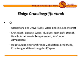 Einige Grundbegriffe vorab
•

Qi
– Ursubstanz des Universums; vitale Energie, Lebenskraft
– Chinesisch: Energie, Atem, Fluidum; auch Luft, Dampf,
Hauch, Äther sowie Temperament, Kraft oder
Atmosphäre
– Hauptaufgabe: fortwährende Zirkulation, Ernährung,
Erhaltung und Benetzung des Körpers

 