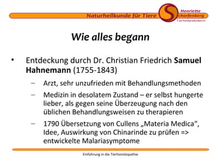 Einführung in die Tierhomöopathie
Wie alles begann
• Entdeckung durch Dr. Christian Friedrich Samuel
Hahnemann (1755-1843)...