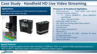 Case Study - Handheld HD Live Video Streaming
Applications:
Live video broadcasting over GSM network for professional
applications like media coverage
Special Features:
Modular design to support various video interfaces | 4 different PCAs in a system| Wide operating temperature
-40°C to +85°C | Optimized power consumption | Wireless modem support
15
Processor & Peripheral Highlights:
• Multi-processors + FPGA based multi board
Complex Hardware Platform
• TI – DaVinci (DM6467T) , Sitara (AM3505)
and MSP430
• Xilinx – Spartan-6 FPGA
• DDR3-800, NAND, SD Card
• SDI, HDMI and Analog Audio/Video support
• Four 3G Modems
• Fast Ethernet
• 802.11 b/g/n WLAN (Wi-Fi)
• Bluetooth 2.1
• USB 2.0 OTG and SD CARD Interface for Mass
Storage application
• 4.3” LCD with Touch Screen
• Battery Operated
 
