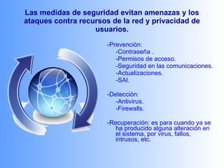 Las medidas de seguridad evitan amenazas y los ataques contra recursos de la red y privacidad de usuarios. -Prevención: -Contraseña . -Permisos de acceso. -Seguridad en las comunicaciones. -Actualizaciones. -SAI. -Detección: -Antivirus. -Firewalls. -Recuperación: es para cuando ya se ha producido alguna alteración en el sistema, por virus, fallos, intrusos, etc. 