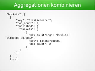 Aggregationen kombinieren
"buckets": [
{
"key": "Elasticsearch",
"doc_count": 2,
"published": {
"buckets": [
{
"key_as_string": "2015-10-
01T00:00:00.000Z",
"key": 1443657600000,
"doc_count": 2
}
]
}
},
[...]
 