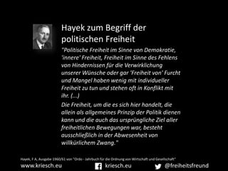 Hayek zum Begriff der
politischen Freiheit
"Politische Freiheit im Sinne von Demokratie,
'innere' Freiheit, Freiheit im Si...