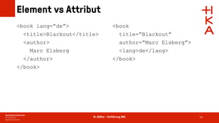 Dr. Rößler – Einführung XML
Element vs Attribut
73
<book lang=“de”>
<title>Blackout</title>
<author>
Marc Elsberg
</author>
</book>
<book
title=“Blackout”
author=“Marc Elsberg”>
<lang>de</lang>
</book>
 
