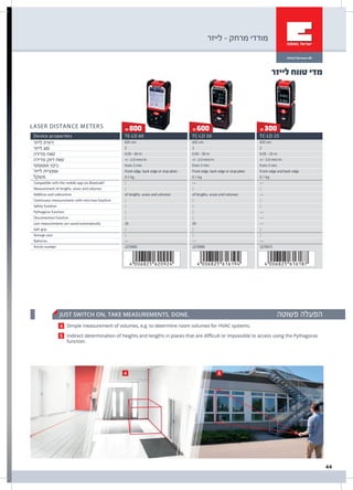 & 800 & 600 & 300
‫לייזר‬ - ‫מרחק‬ ‫מודדי‬
‫לייזר‬ ‫טווח‬ ‫מדי‬
‫פשוטה‬ ‫הפעלה‬
‫לייזר‬ ‫דיודת‬
‫לייזר‬ ‫סוג‬
‫מדידה‬ ‫טווח‬
‫מדידה‬ ‫דיוק‬ ‫טווח‬
‫אוטומטי‬ ‫כיבוי‬
‫לייזר‬ ‫אופציית‬
‫משקל‬
44
 