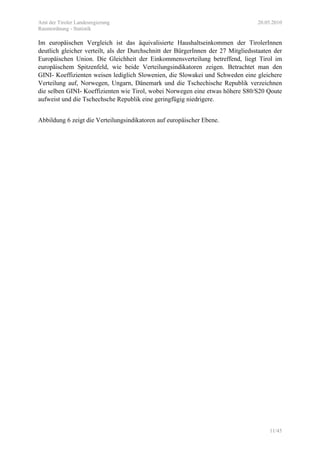 Amt der Tiroler Landesregierung 20.05.2010
Raumordnung - Statistik
11/45
Im europäischen Vergleich ist das äquivalisierte Haushaltseinkommen der TirolerInnen
deutlich gleicher verteilt, als der Durchschnitt der BürgerInnen der 27 Mitgliedsstaaten der
Europäischen Union. Die Gleichheit der Einkommensverteilung betreffend, liegt Tirol im
europäischem Spitzenfeld, wie beide Verteilungsindikatoren zeigen. Betrachtet man den
GINI- Koeffizienten weisen lediglich Slowenien, die Slowakei und Schweden eine gleichere
Verteilung auf, Norwegen, Ungarn, Dänemark und die Tschechische Republik verzeichnen
die selben GINI- Koeffizienten wie Tirol, wobei Norwegen eine etwas höhere S80/S20 Qoute
aufweist und die Tschechsche Republik eine geringfügig niedrigere.
Abbildung 6 zeigt die Verteilungsindikatoren auf europäischer Ebene.
 