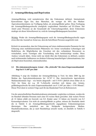 Amt der Tiroler Landesregierung 20.05.2010
Raumordnung - Statistik
16/45
2 Armutsgefährdung und Deprivation
Armutsgefährdung wird normalerweise über das Einkommen definiert. Internationale
Konventionen legen fest, dass Menschen, die weniger als 60% des Median-
Äquivalenzeinkommens zur Verfügung haben, als armutsgefährdet gelten. Diese Festlegung
der Armutsgefährdungsschwelle ermöglicht vergleichbare Statistiken auf EU-Ebene. Der
Anteil jener Personen an der Gesamtzahl der Untersuchungseinheit, deren Einkommen
niedriger als dieser Schwellenwert ist, wird als Armutsgefährdungsquote bezeichnet.
Wichtig: Weder die Armutsgefährdungsquote noch die Armutsgefährdungsschwelle sagen
etwas über das Ausmaß an Armut aus, dem die betroffenen Personen ausgeliefert sind.
Kritisch ist anzumerken, dass bei Fokussierung auf einen eindimensionalen Parameter bei der
Erfassung eines multidimensionalen Phänomens wie Armut verschiedene Lebenslagen und
Bedürfnisse, die Möglichkeiten des Einzelnen mit den vorhandenen Ressourcen zu
wirtschaften, sowie Vermögen oder Verschuldung nicht berücksichtigt werden. Diese
Analyse versucht daher, Armut nicht nur direkt über das Einkommen zu definiert, sondern
auch nichtmonetäre Indikatoren zur direkten Erfassung benachteiligter Lebenssituationen, hier
als Deprivation bezeichnet, miteinzubeziehen.
2.1 Die einkommensbezogene Armut - Die „Schwelle“ für einen Einpersonenhaushalt
liegt bei € 11.407 pro Jahr
Abbildung 9 zeigt die Eckdaten der Armutsgefährdung in Tirol. Im Jahre 2008 lag der
Median des Äquivalenzeinkommens bei 18.767 €. Das österreichweite äquivalisierte
Medianeinkommen liegt – wie bereits dargestellt - mit € 19.011 jährlich etwas höher als in
Tirol. Im Sinne der o.g. 60 %-Schwelle errechnet sich daraus eine Armuts-
gefährdungsschwelle für einen Einpersonenhaushalt von € 11.407 pro Jahr (= € 951/Monat)3
.
Dieser Wert dient in weiterer Folge auch für das Bundesland Tirol als Referenzwert.
Um die unterschiedlichen Haushaltsstrukturen miteinander vergleichen zu können, werden die
im Haushalt lebenden Personen nach einer EU-weiten Skala gewichtet. Jede weitere Person
ab 14 Jahren erhält ein Gewicht von 0,5, Kinder unter 14 Jahren ein Gewicht von 0,3
Konsumäquivalenten. Um nicht als armutsgefährdet zu gelten, müssen die Haushalte damit
die in Tabelle 6 als Armutsgefährdungsschwelle angegebenen Einkommensgrenzen
übersteigen. Das tatsächlich aus der Stichprobe hochgerechnete Median-
Haushaltseinkommen, das je nach Haushaltstyp erreicht wurde, ist ebenfalls in Tabelle 6
dargestellt.
3
Monatswert entspricht 1/12 des Jahreswertes
 