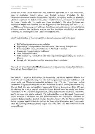 Amt der Tiroler Landesregierung 20.05.2010
Raumordnung - Statistik
23/45
leisten eine Woche Urlaub zu machen“ wird nicht mehr verwendet, da es sich herausstellte,
dass in ländlichen Gebieten dieses eine deutlich geringere Wertigkeit für den
Mindestlebensstandard aufweist als in urbanen Gegenden. Hinzugefügt wurden die Merkmale
„kann es sich leisten bei Bedarf einen Arzt zu konsultieren“ und „kann es sich leisten einmal
im Monat Freunde oder Verwandte zum Essen einzuladen“. Alle diese Merkmale zur
finanziellen Deprivation stammen aus den Ergebnissen einer Befragung von STATISTIK
AUSTRIA , in Abstimmung mit Fachleuten, Betroffenen und wurden nach wissenschaftlichen
Kriterien ermittelt. Die Merkmale wurden von den Beteiligten mehrheitlich als absolut
notwendig für einen angemessenen Lebensstandard bezeichnet.
Zum Mindeststandard in Österreich gehört es demnach, dass man sich leisten kann:
• Die Wohnung angemessen warm zu halten
• Regelmäßige Zahlungen (Miete, Betriebskosten, ...) rechtzeitig zu begleichen
• Notwendige Arzt- oder Zahnarztbesuche in Anspruch zu nehmen
• Unerwartete Ausgaben tätigen zu können
• Neue Kleidung zu kaufen
• Jeden zweiten Tag Fleisch, Fisch oder eine vergleichbare vegetarische Speise essen zu
können
• Freunde oder Verwandte einmal im Monat zum Essen einzuladen.
Wer sich auf Grund finanzieller Mittel mindestens zwei der genannten Merkmale nicht leisten
kann, gilt als finanziell depriviert.
Die Tabelle 11 zeigt die Betroffenheit von finanzieller Deprivation. Demnach können sich
rund 18% der Tiroler Bevölkerung zwei oder mehr der genannten Merkmale nicht leisten und
somit nicht am Mindestlebensstandard teilhaben. Für 27% der TirolerInnen stellen
unerwartete Ausgaben ein Problem dar. 16% können es sich nicht leisten jeden zweiten Tag
Fleisch, Fisch oder eine vergleichbare vegetarische Speise zu konsumieren. Etwa 13% der
Bevölkerung ist es nicht möglich einmal im Monat Freunde oder Verwandte zum Essen
einzuladen. Für 9% ist es nicht möglich neue Kleidung zu kaufen. Die Heizkosten sind für 8%
der TirolerInnen nicht leistbar und rund 12% sind mit Zahlungen im Rückstand. Personen mit
einem niedrigen Einkommen sind von Einschränkungen und finanziellen Problemen in
zentralen Lebensbereichen deutlich häufiger betroffen. Knapp 40% der Armutsgefährdeten
haben zumindest zwei Probleme im Bereich der finanziellen Deprivation. Von Personen die
über der Armutsgefährdungsschwelle liegen, sind zirka 15% vom Mindestlebensstandard
ausgeschlossen.
 