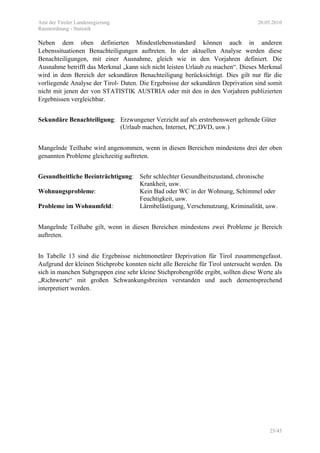Amt der Tiroler Landesregierung 20.05.2010
Raumordnung - Statistik
25/45
Neben dem oben definierten Mindestlebensstandard können auch in anderen
Lebenssituationen Benachteiligungen auftreten. In der aktuellen Analyse werden diese
Benachteiligungen, mit einer Ausnahme, gleich wie in den Vorjahren definiert. Die
Ausnahme betrifft das Merkmal „kann sich nicht leisten Urlaub zu machen“. Dieses Merkmal
wird in dem Bereich der sekundären Benachteiligung berücksichtigt. Dies gilt nur für die
vorliegende Analyse der Tirol- Daten. Die Ergebnisse der sekundären Deprivation sind somit
nicht mit jenen der von STATISTIK AUSTRIA oder mit den in den Vorjahren publizierten
Ergebnissen vergleichbar.
Sekundäre Benachteiligung: Erzwungener Verzicht auf als erstrebenswert geltende Güter
(Urlaub machen, Internet, PC,DVD, usw.)
Mangelnde Teilhabe wird angenommen, wenn in diesen Bereichen mindestens drei der oben
genannten Probleme gleichzeitig auftreten.
Gesundheitliche Beeinträchtigung: Sehr schlechter Gesundheitszustand, chronische
Krankheit, usw.
Wohnungsprobleme: Kein Bad oder WC in der Wohnung, Schimmel oder
Feuchtigkeit, usw.
Probleme im Wohnumfeld: Lärmbelästigung, Verschmutzung, Kriminalität, usw.
Mangelnde Teilhabe gilt, wenn in diesen Bereichen mindestens zwei Probleme je Bereich
auftreten.
In Tabelle 13 sind die Ergebnisse nichtmonetärer Deprivation für Tirol zusammengefasst.
Aufgrund der kleinen Stichprobe konnten nicht alle Bereiche für Tirol untersucht werden. Da
sich in manchen Subgruppen eine sehr kleine Stichprobengröße ergibt, sollten diese Werte als
„Richtwerte“ mit großen Schwankungsbreiten verstanden und auch dementsprechend
interpretiert werden.
 
