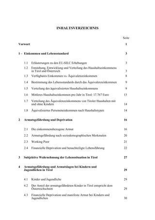 INHALTSVERZEICHNIS
Seite
Vorwort 1
1 – Einkommen und Lebensstandard 3
1.1 Erläuterungen zu den EU-SILC Erhebungen 3
1.2 Entstehung, Entwicklung und Verteilung des Haushaltseinkommens
in Tirol und Österreich 3
1.3 Verfügbares Einkommen vs. Äquivalenzeinkommen 8
1.4 Bestimmung des Lebensstandards durch das Äquivalenzeinkommen 9
1.5 Verteilung des äquivalisierten Haushaltseinkommens 9
1.6 Mittleres Haushaltseinkommen pro Jahr in Tirol: 17.767 Euro 13
1.7 Verteilung des Äquivalenzeinkommens von Tiroler Haushalten mit
und ohne Kindern 14
1.8 Äquivalisiertes Personeneinkommen nach Haushaltstypen 14
2 Armutsgefährdung und Deprivation 16
2.1 Die einkommensbezogene Armut 16
2.2 Armutsgefährdung nach soziodemographischen Merkmalen 20
2.3 Working Poor 21
2.4 Finanzielle Deprivation und benachteiligte Lebensführung 22
3 Subjektive Wahrnehmung der Lebenssituation in Tirol 27
4 Armutsgefährdung und Armutslagen bei Kindern und
Jugendlichen in Tirol 29
4.1 Kinder und Jugendliche 29
4.2 Der Anteil der armutsgefährdeten Kinder in Tirol entspricht dem
Österreichschnitt 29
4.3 Finanzielle Deprivation und manifeste Armut bei Kindern und
Jugendlichen 30
 