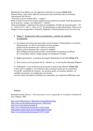 Distribution d’un tableau avec des adjectifs à rechercher et à classer (Fiche n°6).
Brainstorming : quels autres adjectifs connaissons-nous (recherche dans les annonces,
connaissances des élèves).
- Pour dire ce qu’on souhaite faire : « mögen »
Relire la lettre et trouver les moyens employés pour exprimer un souhait. Point de grammaire
sur la structure « mögen » au subjonctif 2 + infinitif.
Tâche intermédiaire : rédaction d’une lettre de candidature. Nombre de mots demandés : 110
(+/- 10%) en LV2, 140 (+/- 10%) en LV1. Eventuellement en salle informatique. Dans ce cas,
intégrer la mise en page dans l’évaluation. Rappeler le fonctionnement du site www.leo.org


   • Etape 3 : Expression orale en interaction : simuler un entretien
     d’embauche
   1) On annonce aux élèves que leurs lettres ont été retenues. Il faut préparer un entretien.
      Brainstorming : les élèves sont répartis en deux groupes :
   - quelles sont les questions que va poser le recruteur?
   - Quelles sont les questions que va poser le candidat?
      Deux délégués de chacun des groupes vont présenter les questions au tableau.
      Si c’est possible, fournir à chaque groupe un transparent à remplir.

   2) Rappel grammatical : le pronom interrogatif. Distribution d’une fiche (Fiche n°7).

   3) Petit exercice sur les pronoms tiré de « Bretzel » p. 14, de Caroline Burnand (Ellipses)

   4) Rollenspiel : à voir en fonction du niveau de la classe et des effectifs. (Fiche no8)
   1 élève joue le candidat, il est confronté à deux recruteurs (joués par ses camarades)
   Niveau B1 : possibilité de variantes : un recruteur gentil, un recruteur méchant ; un
   candidat convaincant, un candidat pas convaincant.
   Liste de critères de notation, distribuée aux camarades, qui remplissent différentes cases.




   Sources :

Burnand Caroline, Bretzel – 50 activités pour revoir et apprendre le vocabulaire allemand de
base, Ellipses, 2003.

http://www.bilkent.edu.tr/~ilknur/KursmaterialOptimal.htm
http://jobs.zeit.de/stellenmarkt/professor_39826.html
http://www.mb-industrietechnik.de
http://www.stellenmarkt.de/anzeige21333635.html
http://www.stellenmarkt.de/anzeige21469725.htmll
http://www.stellenmarkt.de/anzeige21274571.html
 