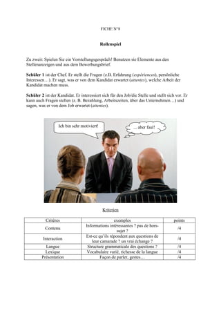 FICHE N°8


                                            Rollenspiel


Zu zweit: Spielen Sie ein Vorstellungsgespräch! Benutzen sie Elemente aus den
Stellenanzeigen und aus dem Bewerbungsbrief.

Schüler 1 ist der Chef. Er stellt die Fragen (z.B. Erfahrung (expériences), persönliche
Interessen…). Er sagt, was er von dem Kandidat erwartet (attentes), welche Arbeit der
Kandidat machen muss.

Schüler 2 ist der Kandidat. Er interessiert sich für den Job/die Stelle und stellt sich vor. Er
kann auch Fragen stellen (z. B. Bezahlung, Arbeitszeiten, über das Unternehmen…) und
sagen, was er von dem Job erwartet (attentes).



                  Ich bin sehr motiviert!                      ... aber faul!




                                             Kriterien

           Critères                                exemples                           points
                                   Informations intéressantes ? pas de hors-
           Contenu                                                                       /4
                                                     sujet ?
                                   Est-ce qu’ils répondent aux questions de
         Interaction                                                                     /4
                                       leur camarade ? un vrai échange ?
           Langue                   Structure grammaticale des questions ?               /4
           Lexique                  Vocabulaire varié, richesse de la langue             /4
         Présentation                       Façon de parler, gestes…                     /4
 