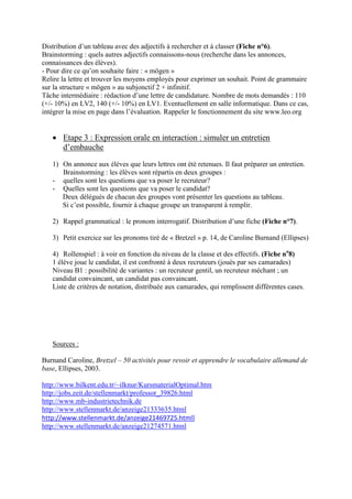 Distribution d’un tableau avec des adjectifs à rechercher et à classer (Fiche n°6).
Brainstorming : quels autres adjectifs connaissons-nous (recherche dans les annonces,
connaissances des élèves).
- Pour dire ce qu’on souhaite faire : « mögen »
Relire la lettre et trouver les moyens employés pour exprimer un souhait. Point de grammaire
sur la structure « mögen » au subjonctif 2 + infinitif.
Tâche intermédiaire : rédaction d’une lettre de candidature. Nombre de mots demandés : 110
(+/- 10%) en LV2, 140 (+/- 10%) en LV1. Eventuellement en salle informatique. Dans ce cas,
intégrer la mise en page dans l’évaluation. Rappeler le fonctionnement du site www.leo.org


    Etape 3 : Expression orale en interaction : simuler un entretien
     d’embauche
   1) On annonce aux élèves que leurs lettres ont été retenues. Il faut préparer un entretien.
      Brainstorming : les élèves sont répartis en deux groupes :
   - quelles sont les questions que va poser le recruteur?
   - Quelles sont les questions que va poser le candidat?
      Deux délégués de chacun des groupes vont présenter les questions au tableau.
      Si c’est possible, fournir à chaque groupe un transparent à remplir.

   2) Rappel grammatical : le pronom interrogatif. Distribution d’une fiche (Fiche n°7).

   3) Petit exercice sur les pronoms tiré de « Bretzel » p. 14, de Caroline Burnand (Ellipses)

   4) Rollenspiel : à voir en fonction du niveau de la classe et des effectifs. (Fiche no8)
   1 élève joue le candidat, il est confronté à deux recruteurs (joués par ses camarades)
   Niveau B1 : possibilité de variantes : un recruteur gentil, un recruteur méchant ; un
   candidat convaincant, un candidat pas convaincant.
   Liste de critères de notation, distribuée aux camarades, qui remplissent différentes cases.




   Sources :

Burnand Caroline, Bretzel – 50 activités pour revoir et apprendre le vocabulaire allemand de
base, Ellipses, 2003.

http://www.bilkent.edu.tr/~ilknur/KursmaterialOptimal.htm
http://jobs.zeit.de/stellenmarkt/professor_39826.html
http://www.mb-industrietechnik.de
http://www.stellenmarkt.de/anzeige21333635.html
http://www.stellenmarkt.de/anzeige21469725.htmll
http://www.stellenmarkt.de/anzeige21274571.html
 