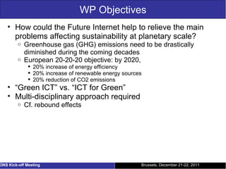 WP Objectives How could the Future Internet help to relieve the main problems affecting sustainability at planetary scale? Greenhouse gas (GHG) emissions need to be drastically diminished during the coming decades European 20-20-20 objective: by 2020, 20% increase of energy efficiency 20% increase of renewable energy sources 20% reduction of CO2 emissions “ Green ICT” vs. “ICT for Green” Multi-disciplinary approach required Cf. rebound effects Brussels, December 21-22, 2011 EINS Kick-off Meeting 