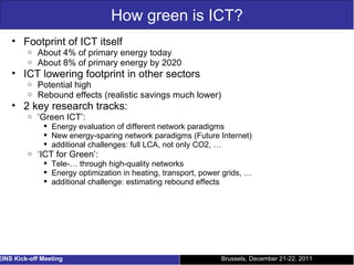 How green is ICT? Footprint of ICT itself  About 4% of primary energy today About 8% of primary energy by 2020 ICT lowering footprint in other sectors Potential high Rebound effects (realistic savings much lower) 2 key research tracks:  ‘ Green ICT’: Energy evaluation of different network paradigms New energy-sparing network paradigms (Future Internet) additional challenges: full LCA, not only CO2, … ‘ ICT for Green’: Tele-… through high-quality networks Energy optimization in heating, transport, power grids, … additional challenge: estimating rebound effects Brussels, December 21-22, 2011 EINS Kick-off Meeting 