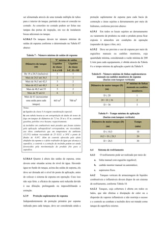 ser alimentada através de uma tomada múltipla de tubos
para o interior do tanque, partindo de uma só conexão no
costado. As conexões no costado podem ser feitas nas
tampas das portas de inspeção, em vez de instalarem
bocas adicionais no tanque.
6.3.8.6.3 Os tanques devem ter número mínimo de
saídas de espuma conforme o determinado na Tabela 07
abaixo:
Tabela 7 – Número mínimo de saídas de espuma
Diâmetro do tanque
(m)
Nº mínimo de saídas
Líquidos
de classe
I-A e I-B
Líquidos
de classe
I-C, II e III
De 18 a 24,5 (inclusive) 1 1
Mais de 24,5 até 36,5 2 1
Mais de 36,5 até 42,5 3 2
Mais de 42,5 até 48,5 4 2
Mais de 48,5 até 55 5 2
Mais de 55 até 61 6 3
Mais de 61 (acrescentar
uma saída para cada
tanque)
465 m² 700 m²
Notas:
a) líquidos da classe I-A exigem consideração especial;
b) esta tabela baseia-se em extrapolação de dados de testes de
fogo em tanques de diâmetros de 7,5 m, 28 m e 35 m, contendo
gasolina, petróleo cru e hexano, respectivamente;
c) incêndios em combustíveis mais pesados que foram extintos
pela aplicação subsuperficial correspondem, em viscosidade,
aos óleos combustíveis que em temperatura do ambiente
(15,5ºC) tenham viscosidade de 25 S.S.U. a 50ºC e ponto de
fluidez de -9,4ºC. Além do controle oferecido pelo efeito
abafador da espuma e o efeito resfriador da água que alcança a
superfície, o controle e a extinção do incêndio podem ser ainda
favorecidos pela movimentação do produto frio para a
superfície.
6.3.8.6.4 Quanto à altura das saídas de espuma, estas
devem estar situadas acima do nível de água. Havendo
água no fundo do tanque, acima das saídas de espuma, ela
deve ser drenada até o nível do ponto de aplicação, antes
de colocar o sistema de espuma em operação. Caso isso
não seja feito, a eficácia da espuma será reduzida devido
à sua diluição, prolongando ou impossibilitando a
extinção.
6.3.9 Proteção suplementar de espuma
Independentemente da proteção primária por espuma
indicada para cada tanque, deve ser considerada ainda a
proteção suplementar de espuma para cada bacia de
contenção e áreas sujeitas a derramamento por meio de
hidrantes, conforme previsto abaixo:
6.3.9.1 Em todos os locais sujeitos ao derramamento
ou vazamento de produtos ou onde o produto possa ficar
exposto à atmosfera em condições de operação
(separador de água e óleo, etc).
6.3.9.2 Deve ser previsto o uso de espuma por meio de
esguichos manuais ou canhões monitores, cuja
quantidade mínima, considerando a vazão mínima de 200
L/min para cada equipamento, é obtida através da Tabela
8 e o tempo mínimo de aplicação a partir da Tabela 9.
Tabela 8 – Número mínimo de linhas suplementares
manuais ou canhões monitores de espuma
(bacias com tanques verticais)
Diâmetro do maior tanque (D)
(m)
Nº mínimo de linhas
manuais ou canhões
monitores
D ≤ 20 1
20 < D ≤ 36 2
D > 36 3
Tabela 9 – Tempo mínimo de aplicação
(bacias com tanques verticais)
Diâmetro do maior tanque (D)
(m)
Tempo
(min)
D ≤ 10,5 10
10,5 < D ≤ 28,5 20
D > 28,5 30
6.4 Sistema de resfriamento
6.4.1 O resfriamento pode ser realizado por meio de:
a. linha manual com esguicho regulável;
b. canhão monitor manual ou automático;
c. aspersores fixos.
6.4.2 Tanques verticais de armazenagem de líquidos
combustíveis e inflamáveis devem dispor de um sistema
de resfriamento, conforme Tabela 10.
6.4.2.1 Tanques, cuja cobertura é aberta em todos os
lados, que não obstrua a dissipação de calor ou a
dispersão de vapores inflamáveis e não restrinja o acesso
e o controle ao combate a incêndio deve ser tratado como
tanque de superfície externo.
 
