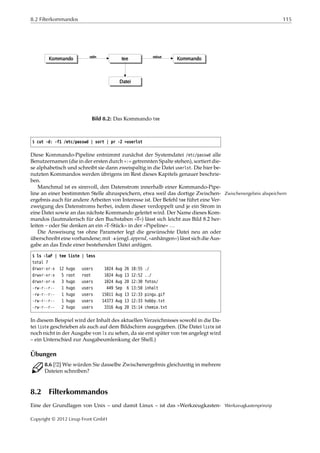 8.2 Filterkommandos 115
Bild 8.2: Das Kommando tee
$ cut -d: -f1 /etc/passwd | sort | pr -2 >userlst
Diese Kommando-Pipeline entnimmt zunächst der Systemdatei /etc/passwd alle
Benutzernamen (die in der ersten durch »:« getrennten Spalte stehen), sortiert die-
se alphabetisch und schreibt sie dann zweispaltig in die Datei userlst. Die hier be-
nutzten Kommandos werden übrigens im Rest dieses Kapitels genauer beschrie-
ben.
Manchmal ist es sinnvoll, den Datenstrom innerhalb einer Kommando-Pipe-
line an einer bestimmten Stelle abzuspeichern, etwa weil das dortige Zwischen- Zwischenergebnis abspeichern
ergebnis auch für andere Arbeiten von Interesse ist. Der Befehl tee führt eine Ver-
zweigung des Datenstroms herbei, indem dieser verdoppelt und je ein Strom in
eine Datei sowie an das nächste Kommando geleitet wird. Der Name dieses Kom-
mandos (lautmalerisch für den Buchstaben »T«) lässt sich leicht aus Bild 8.2 her-
leiten – oder Sie denken an ein »T-Stück« in der »Pipeline« …
Die Anweisung tee ohne Parameter legt die gewünschte Datei neu an oder
überschreibt eine vorhandene; mit -a (engl. append, »anhängen«) lässt sich die Aus-
gabe an das Ende einer bestehenden Datei anfügen.
$ ls -laF | tee liste | less
total 7
drwxr-xr-x 12 hugo users 1024 Aug 26 18:55 ./
drwxr-xr-x 5 root root 1024 Aug 13 12:52 ../
drwxr-xr-x 3 hugo users 1024 Aug 20 12:30 fotos/
-rw-r--r-- 1 hugo users 449 Sep 6 13:50 inhalt
-rw-r--r-- 1 hugo users 15811 Aug 13 12:33 pingu.gif
-rw-r--r-- 1 hugo users 14373 Aug 13 12:33 hobby.txt
-rw-r--r-- 2 hugo users 3316 Aug 20 15:14 chemie.txt
In diesem Beispiel wird der Inhalt des aktuellen Verzeichnisses sowohl in die Da-
tei liste geschrieben als auch auf dem Bildschirm ausgegeben. (Die Datei liste ist
noch nicht in der Ausgabe von ls zu sehen, da sie erst später von tee angelegt wird
– ein Unterschied zur Ausgabeumlenkung der Shell.)
Übungen
C 8.6 [!2] Wie würden Sie dasselbe Zwischenergebnis gleichzeitig in mehrere
Dateien schreiben?
8.2 Filterkommandos
Eine der Grundlagen von Unix – und damit Linux – ist das »Werkzeugkasten- Werkzeugkastenprinzip
Copyright © 2012 Linup Front GmbH
 