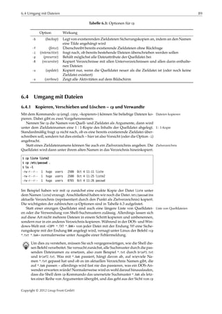 6.4 Umgang mit Dateien 89
Tabelle 6.3: Optionen für cp
Option Wirkung
-b (backup) Legt von existierenden Zieldateien Sicherungskopien an, indem an den Namen
eine Tilde angehängt wird
-f (force) Überschreibt bereits existierende Zieldateien ohne Rückfrage
-i (interactive) fragt nach, ob bereits bestehende Dateien überschrieben werden sollen
-p (preserve) Behält möglichst alle Dateiattribute der Quelldatei bei
-R (recursive) Kopiert Verzeichnisse mit allen Unterverzeichnissen und allen darin enthalte-
nen Dateien
-u (update) Kopiert nur, wenn die Quelldatei neuer als die Zieldatei ist (oder noch keine
Zieldatei existiert)
-v (verbose) Zeigt alle Aktivitäten auf dem Bildschirm
6.4 Umgang mit Dateien
6.4.1 Kopieren, Verschieben und Löschen – cp und Verwandte
Mit dem Kommando cp (engl. copy, »kopieren«) können Sie beliebige Dateien ko- Dateien kopieren
pieren. Dabei gibt es zwei Vorgehensweisen:
Nennen Sie cp die Namen von Quell- und Zieldatei als Argumente, dann wird
unter dem Zieldateinamen eine 1 ∶ 1-Kopie des Inhalts der Quelldatei abgelegt. 1 ∶ 1-Kopie
Standardmäßig fragt cp nicht nach, ob es eine bereits existierende Zieldatei über-
schreiben soll, sondern tut dies einfach – hier ist also Vorsicht (oder die Option -i)
angebracht.
Statt eines Zieldateinamens können Sie auch ein Zielverzeichnis angeben. Die Zielverzeichnis
Quelldatei wird dann unter ihrem alten Namen in das Verzeichnis hineinkopiert.
$ cp liste liste2
$ cp /etc/passwd .
$ ls -l
-rw-r--r-- 1 hugo users 2500 Oct 4 11:11 liste
-rw-r--r-- 1 hugo users 2500 Oct 4 11:25 liste2
-rw-r--r-- 1 hugo users 8765 Oct 4 11:26 passwd
Im Beispiel haben wir mit cp zunächst eine exakte Kopie der Datei liste unter
dem Namen liste2 erzeugt. Anschließend haben wir noch die Datei /etc/passwd ins
aktuelle Verzeichnis (repräsentiert durch den Punkt als Zielverzeichnis) kopiert.
Die wichtigsten der zahlreichen cp-Optionen sind in Tabelle 6.3 aufgelistet.
Statt einer einzigen Quelldatei sind auch eine längere Liste von Quelldatei- Liste von Quelldateien
en oder die Verwendung von Shell-Suchmustern zulässig. Allerdings lassen sich
auf diese Art nicht mehrere Dateien in einem Schritt kopieren und umbenennen,
sondern nur in ein anderes Verzeichnis kopieren. Während in der DOS- und Win-
dows-Welt mit »COPY *.TXT *.BAK« von jeder Datei mit der Endung TXT eine Siche-
rungskopie mit der Endung BAK angelegt wird, versagt unter Linux der Befehl »cp
*.txt *.bak« normalerweise unter Ausgabe einer Fehlermeldung.
B Um dies zu verstehen, müssen Sie sich vergegenwärtigen, wie die Shell die-
sen Befehl verarbeitet. Sie versucht zunächst, alle Suchmuster durch die pas-
senden Dateinamen zu ersetzen, also zum Beispiel *.txt durch brief1.txt
und brief2.txt. Was mit *.bak passiert, hängt davon ab, auf wieviele Na-
men *.txt gepasst hat und ob es im aktuellen Verzeichnis Namen gibt, die
auf *.bak passen – allerdings wird fast nie das passieren, was ein DOS-An-
wender erwarten würde! Normalerweise wird es wohl darauf hinauslaufen,
dass die Shell dem cp-Kommando das unersetzte Suchmuster *.bak als letz-
tes einer Reihe von Argumenten übergibt, und das geht aus der Sicht von cp
Copyright © 2012 Linup Front GmbH
 