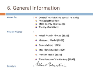 6. General Information 
Known for : General relativity and special relativity 
Photoelectric effect 
Mass-energy equivalence 
Theory of relativity 
Notable Awards : 
Nobel Prize in Physics (1921) 
Matteucci Medal (1921) 
Copley Medal (1925) 
Max Planck Medal (1929) 
Franklin Medal (1935) 
Time Person of the Century (1999) 
Signature : 
 