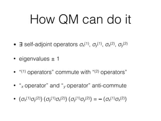 How QM can do it
• ∃ self-adjoint operators σx
(1), σy
(1), σx
(2), σy
(2)
• eigenvalues ± 1
• “(1) operators” commute with “(2) operators”
• “x operator” and “y operator” anti-commute
• (σx
(1)σy
(2)) (σy
(1)σx
(2)) (σy
(1)σy
(2)) = – (σx
(1)σx
(2))
 