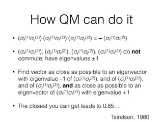 How QM can do it
• (σx
(1)σy
(2)) (σy
(1)σx
(2)) (σy
(1)σy
(2)) = – (σx
(1)σx
(2))
• (σx
(1)σy
(2)), (σy
(1)σx
(2)), (σy
(1)σy
(2)), (σx
(1)σx
(2)) do not
commute; have eigenvalues ±1
• Find vector as close as possible to an eigenvector
with eigenvalue –1 of (σx
(1)σy
(2)), and of (σy
(1)σx
(2)),
and of (σy
(1)σy
(2)), and as close as possible to an
eigenvector of (σx
(1)σx
(2)) with eigenvalue +1
• The closest you can get leads to 0.85…
Tsirelson, 1980
 