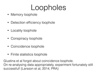 Christensen et al. 2013
nonical Clauser-Horne-
0] of 2:827 Æ 0:017—
ion allowed by quantum
alues are on par with the
Bell’s inequality ever
viously reported results
r postprocessing of any
vides not only the best
bits required a month of data collection. Here we show that
our setup can be used to implement DIRE much more
efﬁciently. The intrinsic randomness of the quantum sta-
tistics can be quantiﬁed as follows. The probability for any
observer (hence, for any potential adversary) to guess the
measurement outcome (of a given measurement setting) is
bounded by the amount of violation of the CH inequality:
pguess ½1 þ
ﬃﬃﬃﬃﬃﬃﬃﬃﬃﬃﬃﬃﬃﬃﬃﬃﬃﬃﬃﬃﬃﬃﬃﬃﬃﬃﬃﬃﬃﬃ
2 À ð1 þ 2BÞ2
p
Š=2 [33], neglecting ﬁnite
size effects. In turn, this leads to a bound on the min-
entropy per bit of the output data, Hmin ¼ Àlog2ðpguessÞ.
Finally, secure private random bits can be extracted from
the data (which may, in general, not be uniformly random)
using a randomness extractor [37]. At the end of the pro-
tocol, a ﬁnal random bit string of length L % NHmin À S is
produced, where N is the length of the raw output data and
S includes the inefﬁciency and security overhead of the
extractor.
Over the 4450 measurement blocks (each block
features 25 000 events), we acquire 111 259 682 data
points for 3 h of data acquisition. The average CH viola-
tion of B ¼ 5:4 Â 10À5
gives a min-entropy of Hmin ¼
7:2 Â 10À5
. Thus, we expect $8700 bits of private ran-
domness, of which one could securely extract at least 4350
bits [19]. The resultant rate (0:4 bits=s) improves by more
than 4 orders of magnitude over the bit rate achieved in
[33] (1:5 Â 10À5 bits=s). This shows that efﬁcient and
practical DIRE can be implemented with photonic
systems.
We have presented a new entangled photon pair creation,
Bell parameter B0 [Eq. (3)]
d state. B0 > 1 (red dashed
stic theory. Data points in
ied in the state ðrjHHi þ
to a maximally entangled
ata point was measured for
he particular settings were
el of our source for each
Bell parameter we expect
improve the statistics, we
els cell. We see violations
measurements on entangled particles, and observing non-
local correlations between the outcomes of these measure-
ments, it is possible to certify the presence of genuine
randomness in the data in a device-independent way.
DIRE was recently demonstrated in a proof-of-principle
experiment using entangled atoms located in two traps
separated by 1 m [33]; however, the resulting 42 random
bits required a month of data collection. Here we show that
our setup can be used to implement DIRE much more
efﬁciently. The intrinsic randomness of the quantum sta-
tistics can be quantiﬁed as follows. The probability for any
observer (hence, for any potential adversary) to guess the
measurement outcome (of a given measurement setting) is
bounded by the amount of violation of the CH inequality:
pguess ½1 þ
ﬃﬃﬃﬃﬃﬃﬃﬃﬃﬃﬃﬃﬃﬃﬃﬃﬃﬃﬃﬃﬃﬃﬃﬃﬃﬃﬃﬃﬃﬃ
2 À ð1 þ 2BÞ2
p
Š=2 [33], neglecting ﬁnite
size effects. In turn, this leads to a bound on the min-
entropy per bit of the output data, Hmin ¼ Àlog2ðpguessÞ.
Finally, secure private random bits can be extracted from
the data (which may, in general, not be uniformly random)
using a randomness extractor [37]. At the end of the pro-
tocol, a ﬁnal random bit string of length L % NHmin À S is
Bell parameter B0 [Eq. (3)]
d state. B0 > 1 (red dashed
stic theory. Data points in
ied in the state ðrjHHi þ
s to a maximally entangled
ata point was measured for
P H Y S I C A L R E V I E W L E T T E R S
week ending
27 SEPTEMBER 2013
Application: DIRE
Device Independent Randomness Extraction
 