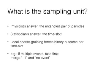 Loopholes
Giustina et al forgot about coincidence loophole.
On re-analysing data appropriately, experiment fortunately still
successful! (Larsson et al, 2014, PRA)
• Memory loophole
• Detection efﬁciency loophole
• Locality loophole
• Conspiracy loophole
• Coincidence loophole
• Finite statistics loophole
 