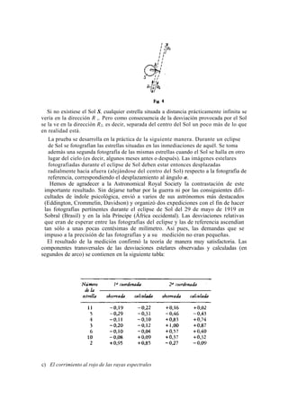 Si no existiese el Sol S, cualquier estrella situada a distancia prácticamente infinita se
vería en la dirección R ,. Pero como consecuencia de la desviación provocada por el Sol
se la ve en la dirección R2, es decir, separada del centro del Sol un poco más de lo que
en realidad está.
   La prueba se desarrolla en la práctica de la siguiente manera. Durante un eclipse
   de Sol se fotografían las estrellas situadas en las inmediaciones de aquél. Se toma
   además una segunda fotografía de las mismas estrellas cuando el Sol se halla en otro
   lugar del cielo (es decir, algunos meses antes o después). Las imágenes estelares
   fotografiadas durante el eclipse de Sol deben estar entonces desplazadas
   radialmente hacia afuera (alejándose del centro del Sol) respecto a la fotografía de
   referencia, correspondiendo el desplazamiento al ángulo α.
    Hemos de agradecer a la Astronomical Royal Society la contrastación de este
 importante resultado. Sin dejarse turbar por la guerra ni por las consiguientes difi-
 cultades de índole psicológica, envió a varios de sus astrónomos más destacados
 (Eddington, Crommelin, Davidson) y organizó dos expediciones con el fin de hacer
 las fotografías pertinentes durante el eclipse de Sol del 29 de mayo de 1919 en
 Sobral (Brasil) y en la isla Príncipe (África occidental). Las desviaciones relativas
 que eran de esperar entre las fotografías del eclipse y las de referencia ascendían
 tan sólo a unas pocas centésimas de milímetro. Así pues, las demandas que se
 impuso a la precisión de las fotografías y a su medición no eran pequeñas.
  El resultado de la medición confirmó la teoría de manera muy satisfactoria. Las
componentes transversales de las desviaciones estelares observadas y calculadas (en
segundos de arco) se contienen en la siguiente tabla:




c) El corrimiento al rojo de las rayas espectrales
 
