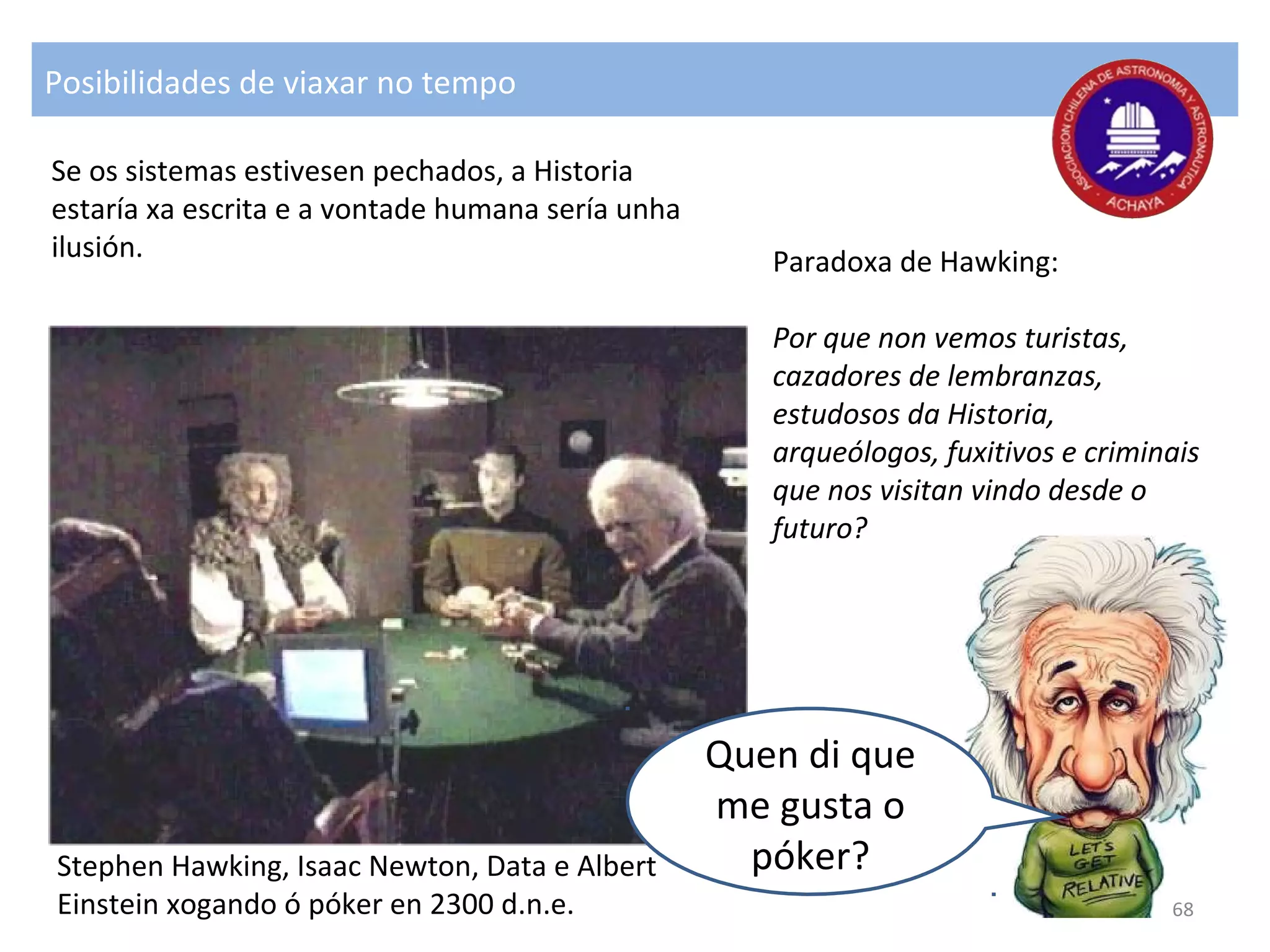 Quen di que
me gusta o
póker?
Posibilidades de viaxar no tempo
Se os sistemas estivesen pechados, a Historia
estaría xa escrita e a vontade humana sería unha
ilusión.
Stephen Hawking, Isaac Newton, Data e Albert
Einstein xogando ó póker en 2300 d.n.e.
Paradoxa de Hawking:
Por que non vemos turistas,
cazadores de lembranzas,
estudosos da Historia,
arqueólogos, fuxitivos e criminais
que nos visitan vindo desde o
futuro?
68
 