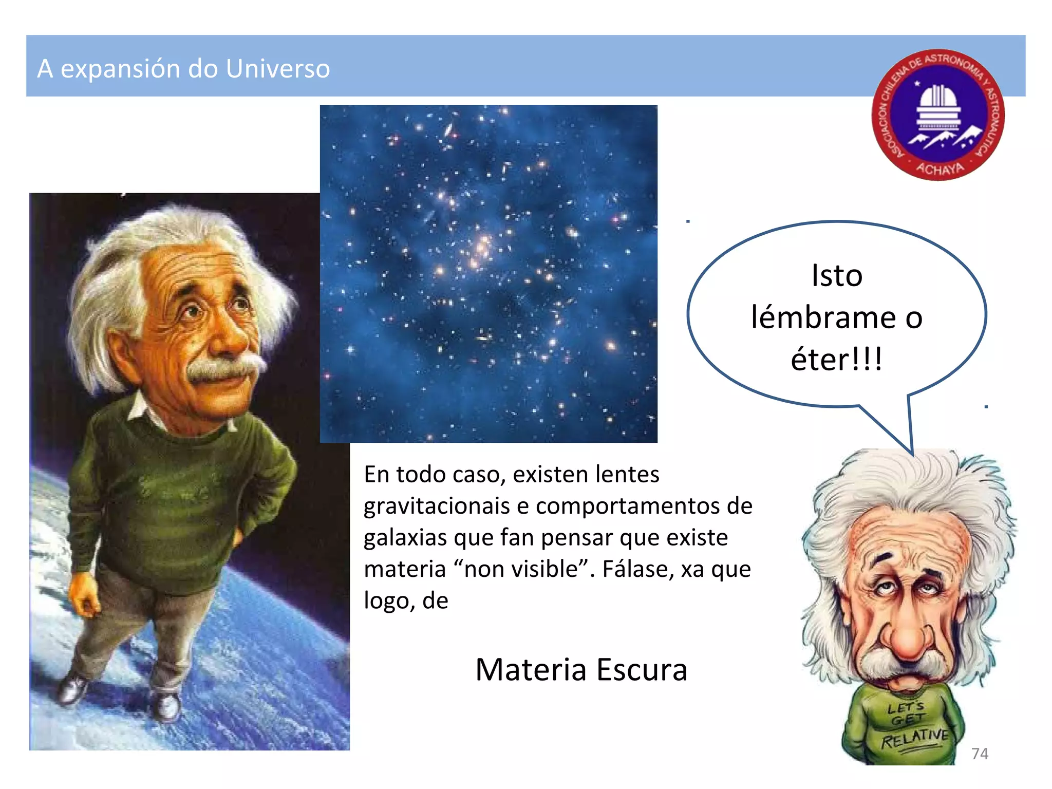 Isto
lémbrame o
éter!!!
A expansión do Universo
En todo caso, existen lentes
gravitacionais e comportamentos de
galaxias que fan pensar que existe
materia “non visible”. Fálase, xa que
logo, de
Materia Escura
74
 