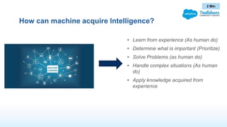 How can machine acquire Intelligence?
2 Min
 Learn from experience (As human do)
 Determine what is important (Prioritiz...