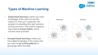 Types of Machine Learning
• Supervised learning is when you have
knowledge of the input (X) and the
output (Y), then you “...