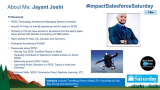 About Me: Jayant Joshi #ImpactSalesforceSaturday
Professional:
- SFDC Technology Architecture Managing Delivery Architect
...