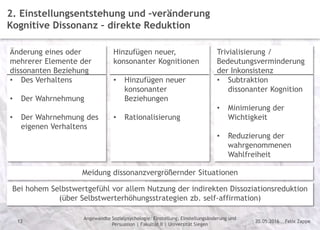 Felix Zappe20.05.2016
Angewandte Sozialpsychologie: Einstellung, Einstellungsänderung und
Persuasion | Fakultät II | Universität Siegen
Disclaimer
13
2. Einstellungsentstehung und –veränderung
Kognitive Dissonanz – direkte Reduktion
Änderung eines oder
mehrerer Elemente der
dissonanten Beziehung
• Des Verhaltens
• Der Wahrnehmung
• Der Wahrnehmung des
eigenen Verhaltens
Hinzufügen neuer,
konsonanter Kognitionen
• Hinzufügen neuer
konsonanter
Beziehungen
• Rationalisierung
Trivialisierung /
Bedeutungsverminderung
der Inkonsistenz
• Subtraktion
dissonanter Kognition
• Minimierung der
Wichtigkeit
• Reduzierung der
wahrgenommenen
Wahlfreiheit
Meidung dissonanzvergrößernder Situationen
Bei hohem Selbstwertgefühl vor allem Nutzung der indirekten Dissoziationsreduktion
(über Selbstwerterhöhungsstrategien zb. self-affirmation)
 