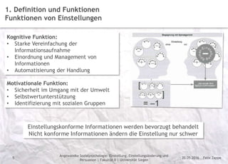 Felix Zappe20.05.2016
Angewandte Sozialpsychologie: Einstellung, Einstellungsänderung und
Persuasion | Fakultät II | Universität Siegen
Disclaimer
5
1. Definition und Funktionen
Funktionen von Einstellungen
Kognitive Funktion:
• Starke Vereinfachung der
Informationsaufnahme
• Einordnung und Management von
Informationen
• Automatisierung der Handlung
Motivationale Funktion:
• Sicherheit im Umgang mit der Umwelt
• Selbstwertunterstützung
• Identifizierung mit sozialen Gruppen
Einstellungskonforme Informationen werden bevorzugt behandelt
Nicht konforme Informationen ändern die Einstellung nur schwer
 
